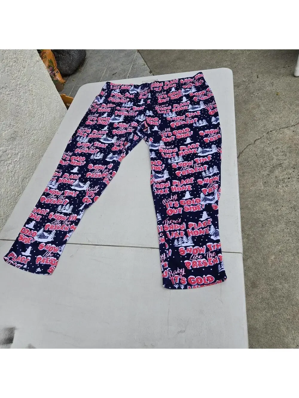-Navy blue and red Christmas snow pants